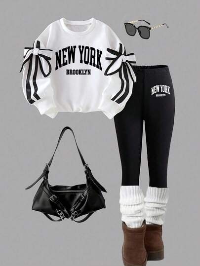 Tween Girl Letter Graphic Print Crew Neck Sweatshirt And Leggings Set