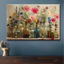 Vibrant Floral Canvas Art With Mason Jars – Modern Wall Decor For Living Room, Bedroom, Or Home Office – Colorful Bouquet Design In Blue, Pink, Yellow, And Purple – Ideal Housewarming Gift, Home Decor