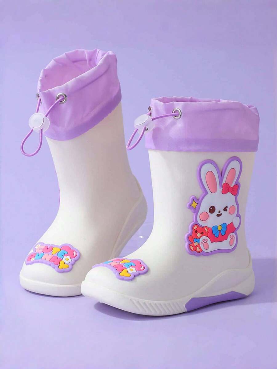 2025 New Children's Mid-Calf Rain Boots, Thick Insulated Durable Rubber Boots, Cute Cartoon Style, Drawstring Closure To Prevent Water Seepage, High-End Rubber Shoes For Boys And Girls, Elementary School Students, Fresh Style Mid-Calf Rain Boots, Sturdy, Non-Slip, Waterproof Children's Rain Shoes - Violet Purple - View 1