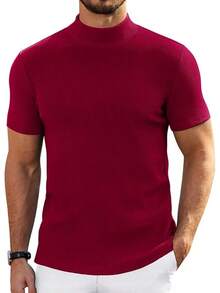 Mens Mock Turtleneck Sweater Short Sleeve Turtle Neck Sweaters Casual Ribbed Knitted Pullover Tops Solid Basic Tee - Đỏ sẫm - Xem 1