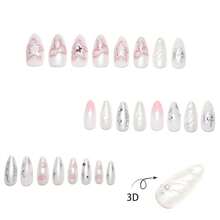 French Tip Press On Nails Medium Almond Star Bow Flower Fake Nails With Rhinestone Designs Pink Glitter Stars Bows False Nails Full Cover Artificial Glue On Nails Handmade Stick On Nails For Women,17114396 - 淺灰色 - 查看 2