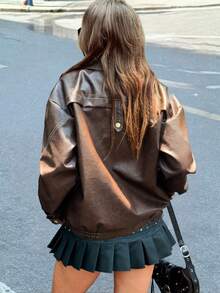 GLOpass Solid Color PU Leather Pocket Front Button Distressed Jacket, Suitable For Dates, Holidays, Travel, Casual Wear, Spring/Autumn/Winter, Street Fashion