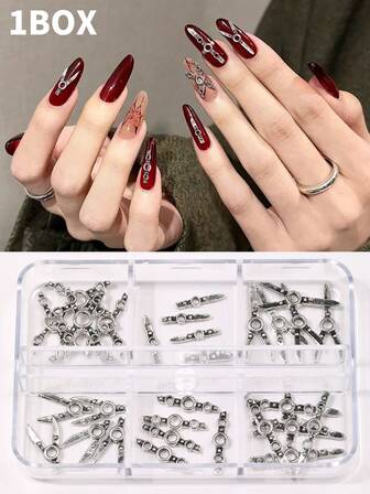 1 caja de 30 piezas de decoraciones vintage punk de aleación metálica 3D para uñas - Accesorios ciberpunk en forma de Y y X en plata antigua para uñas acrílicas, estilo gótico grunge Y2K