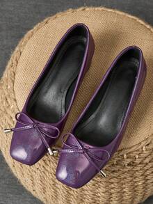 MonaNise 女士方头 3 厘米高跟鞋，适合工作、通勤、晚宴，复古蝴蝶结装饰，海军蓝，时尚百搭的休闲一脚蹬鞋 - 紫色 - 查看 4