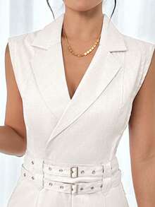 Jumper corto para mujer tipo blazer elegante unicolor de moda con cinturones decorativos para uso casual - Blanco - Ver 6