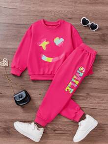 2pcs Girls Casual Knit Crew Neck Long Sleeve Colorful Face Print Sweatshirt + Smile Colorful English Letter Print Long Pants Set, Autumn/Winter