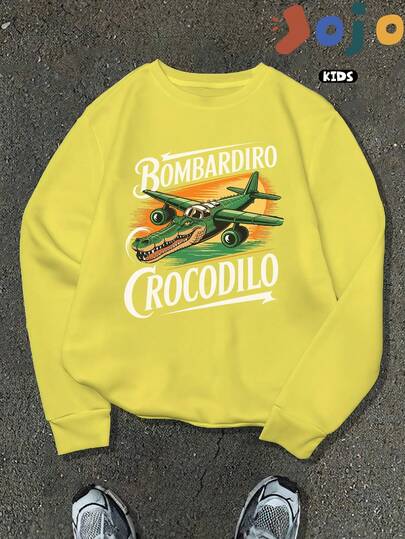 Abstraktes KI-Meme, Cartoon-Krokodil-Flugzeug-Musterdruck, neues Sweatshirt mit überschnittenen Schultern für Jungen/Mädchen, Kurve, übergroß, lässig, vielseitig, locker, sportlich, Street-College-Stil, Kinderkleidung, bequemes Langarmoberteil