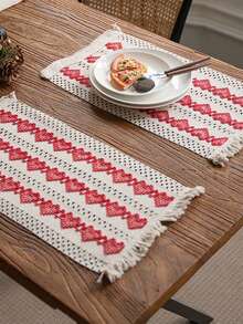 1pc New European And American Style Multiple Red Heart Holiday Party Valentine's Day Geometric Tassel Table Runner, Dining Table Runner, Home Decor, Photoshoot Background Cloth, Multi-Color European And American Style Table Runner - Red - View 9