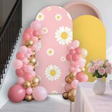 6.6FT Pink Daisies Arched Wall Cover Round Arch Backdrop For Birthday Party Banquet Wedding Decor(6.56x3.28ft,No Frame No Zipper)