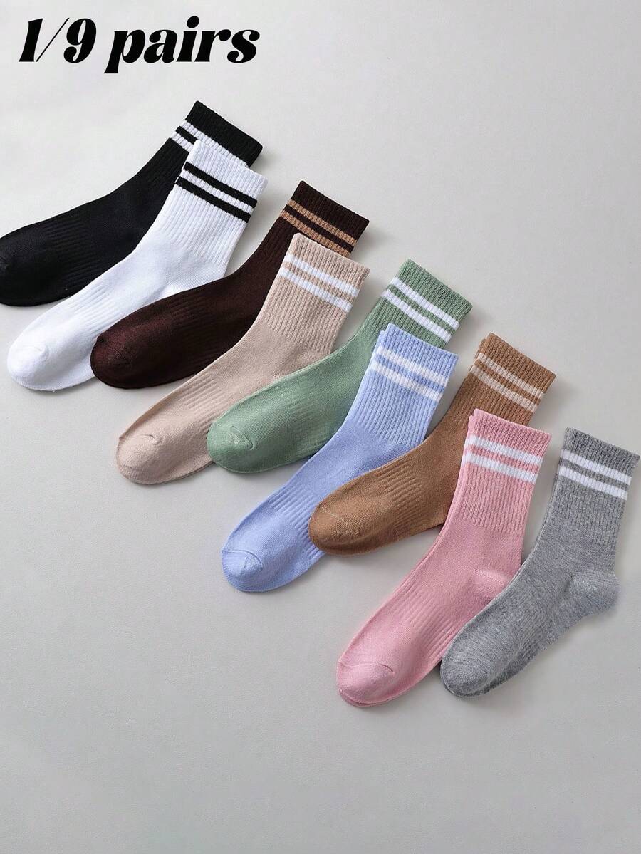 1/9 Pairs Unisex Solid Color & Striped Mid-Calf Socks, Comfortable Casual Creative Everyday Versatile Socks, Collegiate Style, Back To School Season, All Season Christmas Gift - Multicolor - View 1