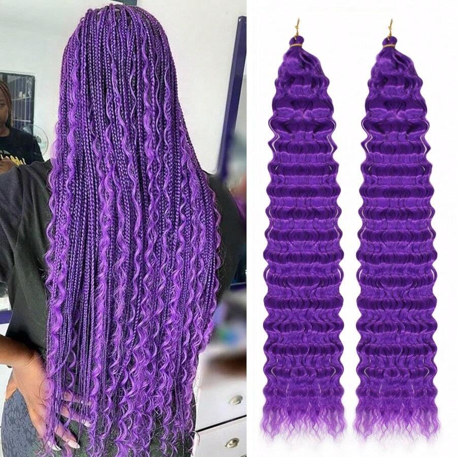 Ocean Wave Crochet Hair 24 Inch 2 Packs Deep Wave Curly Braiding Hair Extensions Synthetic Curly Crochet Hair For  24inch 2pack Purple - 紫色的 - 查看 1