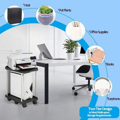 Black Double Layer Computer Tower Stand With Universal Wheels - Portable, Locking Wheels, Heightening Storage Bracket For PC CPU
