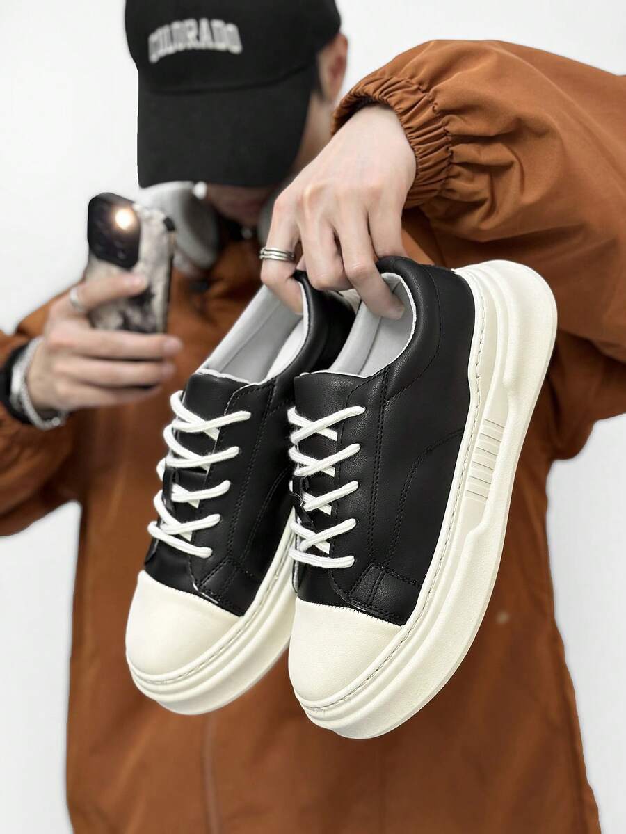 Wide Fit Men's Casual Sports Shoes Lace-Up Thick Sole Durable Sneakers, Fashion Solid Color Classics Versatile Trainers, Suitable For All Seasons