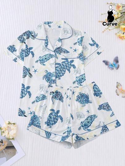 2pcs Ocean Turtle & Seashell Print Women Plus Size Pajama Set, Soft Short Sleeve Shirt With Collar & Button And Elastic Waist Shorts, Stylish Sleepwear For Daily, Holiday Party And Casual Homewear