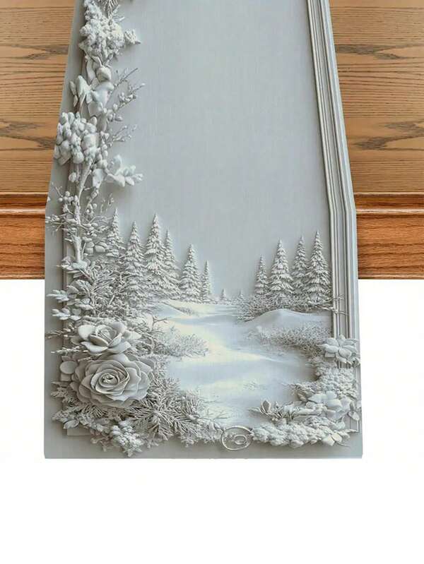 1pc Winter Snowy Forest Floral Table Runner - Polyester Embossed Snowy Woods With Pine Trees, Roses & Berries Design For Valentine's Day, Christmas, Home Decor - Kitchen Dining Table, Coffee Table, Living Room Decorative Cloth, Winter Wonderland Decorations(13x35.4/47.2/63/72/78.7 Inches)
