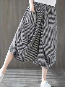 Women's Casual Street Fashion Striped Loose Pocket Midi Skirt - Black and White - View 2
