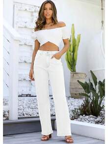 Jeans High Waisted Straight Leg Loose Jeanshalloween - 白色 - 查看 11