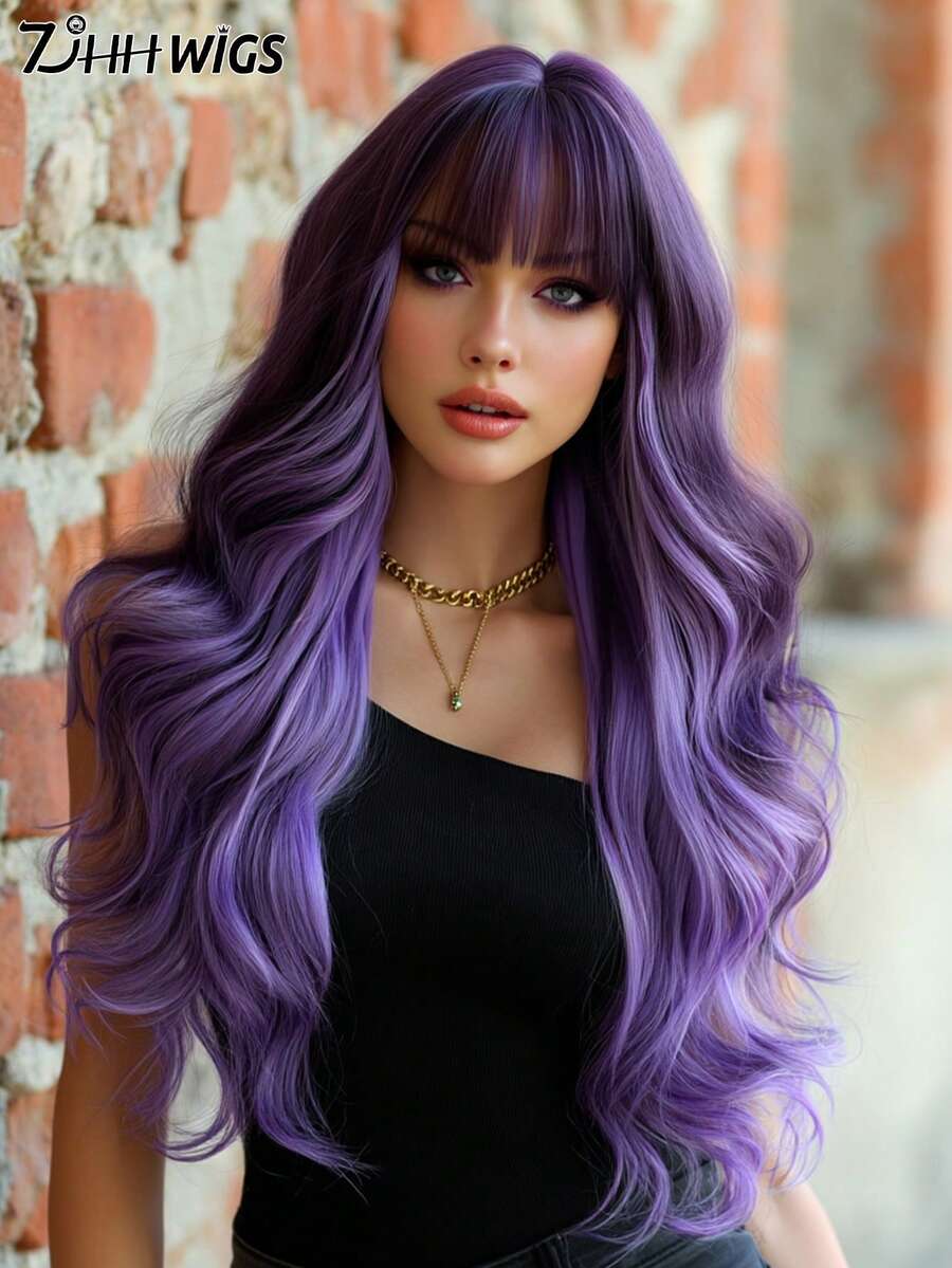 7JHH WIGS Stylish Purple Balayage Wigs Extra Long Wavy Wig With Bangs, High Density Heat-Resistant Fiber Hair, Fluffy Natural Synthetic Wave Curly Wigs For Women Halloween Party Use 28 Inch Cosplay Costume Wig Accessories - 挑染紫色 - 查看 1