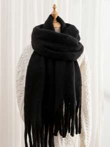 1pc Solid Color Scarf, Winter Warm Neck, Thickened Wool Knitted Thick Fringed Shawl, Winter Scarf - Multicolor - View 8