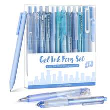 Four Candies 12Pack Pastel Gel Ink Pen Set, 11 Pack Black Ink Pens With 1Pack Highlighter For Writing, Retractable 0.5mm Fine Point Cute Note Taking Pens For School Office (Blue) - Blue - View 1