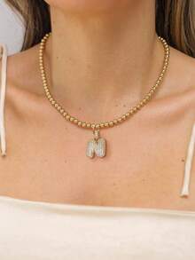 1Pc Women's Stainless Steel Bead Chain With A Diamond Studded Three-Dimensional Initials Pendant, Simple And Elegant In Style, Suitable For Wearing At Parties Or Banquets, 18k Genuine Gold Electroplated Bead Chain