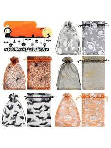 12/24 件万圣节和圣诞节欧根纱礼品袋，带抽绳封口 - 蜘蛛网、南瓜、蝙蝠和秋叶图案 - 耐用涤纶混纺糖果和派对礼品袋，适用于节日活动、万圣节配饰、季节性庆祝活动、装饰图案、闪光纹理、活动组织者 - 彩色 - 查看 7