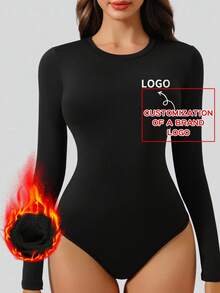 1 pieza Mono de manga larga ajustado con forro térmico y estampado de logo personalizado, otoño/invierno