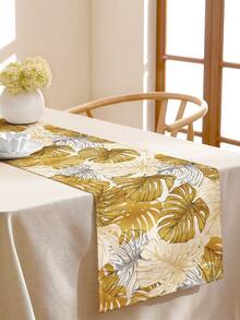 1pc Vintage Turtle Shell Leaf Print Linen Table Runner, Suitable For Holidays, Parties, Birthdays, Dinners, Kitchen & Dining Room Decor, Dresser/Cabinet Cover, All Season Home Decor