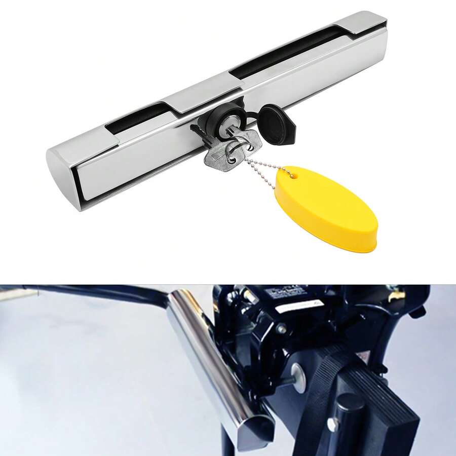 Quiltern 304 Stainless Steel Outboard Motor Lock - Anti-Theft, Waterproof & Adjustable For Boats/Yachts, 3-Size Clamp (11.97in), Includes 2 Keys & Floating Keyring - Silver - View 1