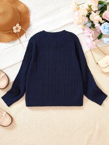 Girls' Elegant Embroidered Cardigan Sweater, Round Neck Long Sleeve Button-Up Solid Color Twist Knit Tops, Casual Preppy British Style Warm Outerwear For 3-12 Years Old, Suitable For Spring, Autumn And Winter - Royal Blue - View 8