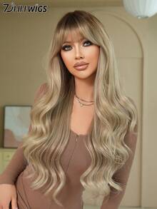 7JHH WIGS Stylish Ombre Silver Wigs Extra Long Wavy Wig With Bangs Dark Roots, High Density Heat-Resistant Fiber Hair, Fluffy Natural Synthetic Wigs For Women Daily Party Use 28 Inch Beginners Glueless Wig Accessories - 銀色 - 查看 4