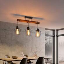 homefire Retro Ceiling Light Vintage Ceiling Lamp 3-Flame Wooden Living Room Lamp In Industrial Design With Height-Adjustable Spotlights Made Of Metal And Wood - Black - Socket: E27 - Without Bulb - 3 火焰 - 查看 2
