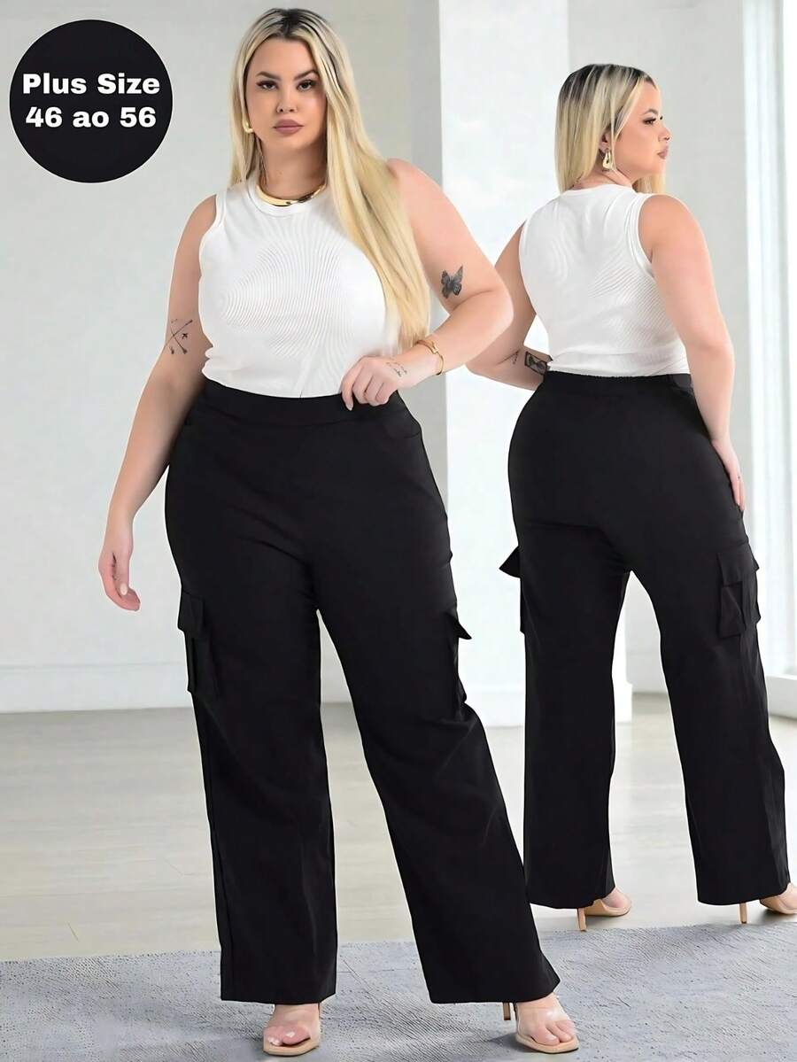 Women's Plus Size Flare Cargo Pants Lift Butt High Waist Foreign Style Fashion - 黑色 - 查看 1