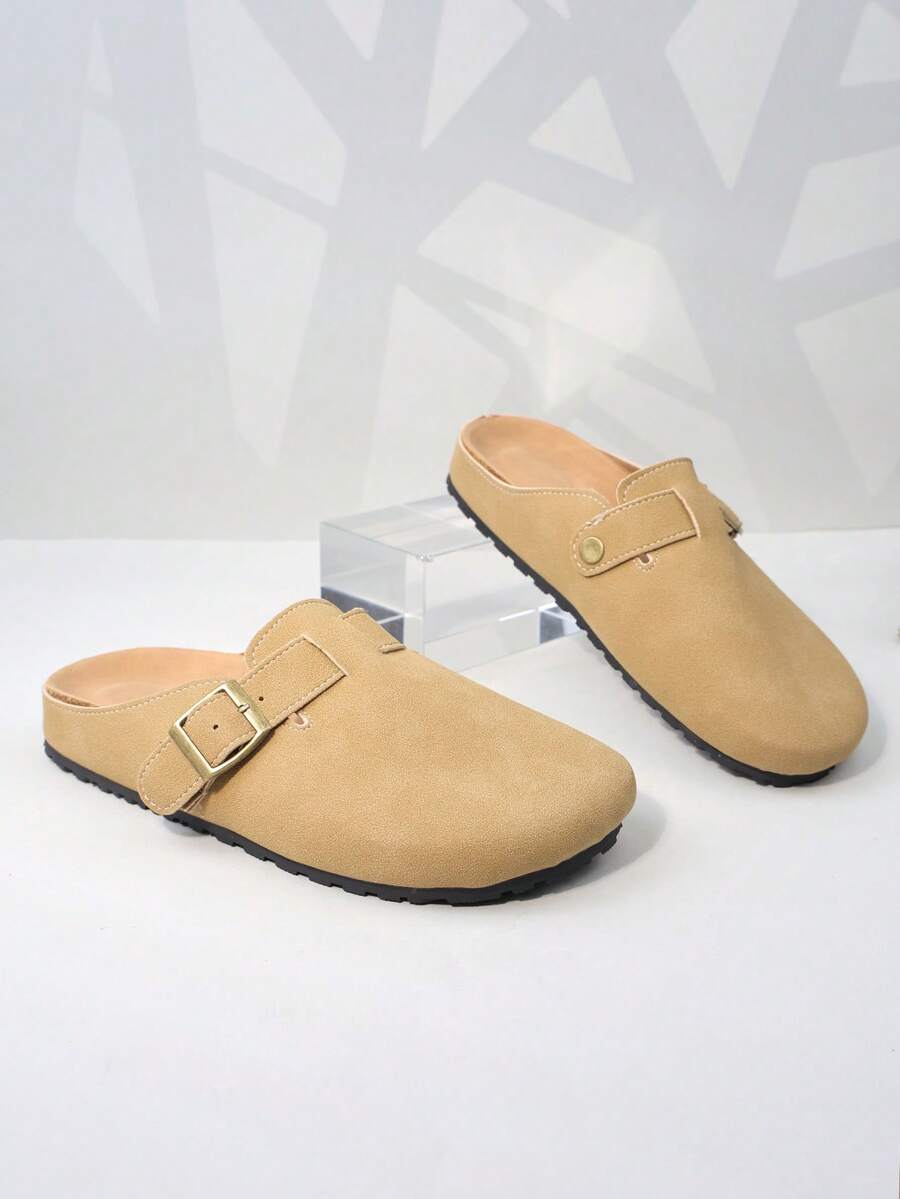 1 Pair Teens' Metal Buckle Decor Plush Material Comfortable Casual Square Toe Flat Slip-On Slippers, Soft Thick Sole, Suitable For Daily Indoor/Outdoor Wear