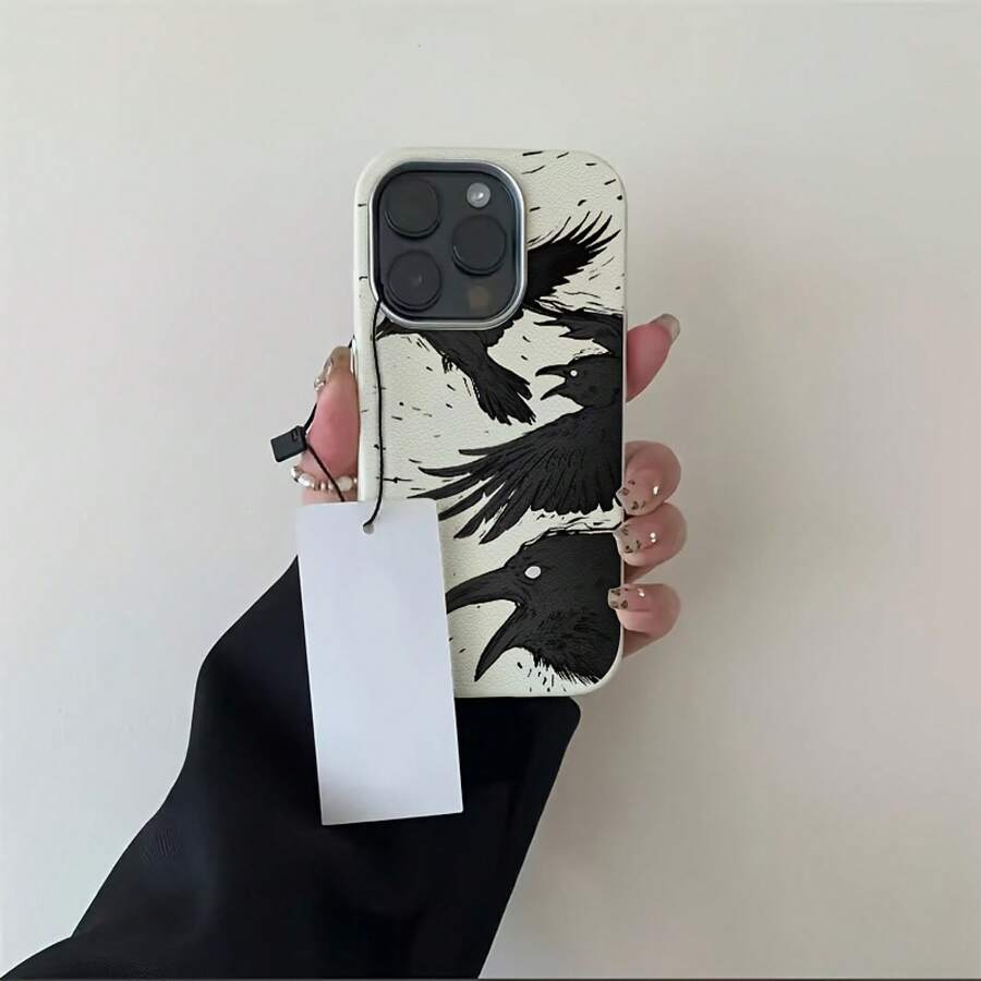 Funda Black Shadow Pupil Technique Crow, compatible con phone 16/15 Pro, 14 Plus, textura de cuero, diseño 13, marco premium con lentes mejoradas para phone 12/11. - Blanco - Ver 1