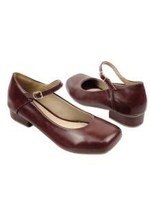 Salto Feminino Vinho Bordô Vermelho Marsala Modelo Boneca Napa Couro Fake Fivela 2,5cm Confort Moda Mulher