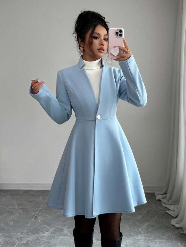 Abrigo elegante de mujer con cuello alto y un solo botón en la cintura para otoño/invierno