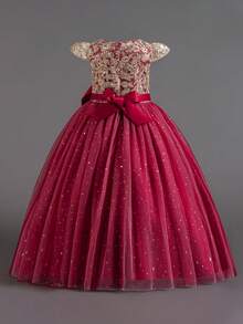 Tween Girls Embroidered Tulle Bow Princess Dress, Suitable For Flower Girl, Birthday Party, Piano Recital, Formal Occasions, Does Not Include Headband - Burgundy - View 3