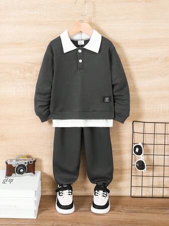 Young Boy Autumn 2 In 1 POLO Collar Long Sleeve Top + Pants Casual Sports Suit