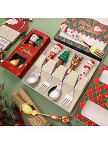 圣诞驯鹿甜点勺套装、圣诞树勺叉套装、圣诞老人餐具礼盒 - 彩色 - 查看 1