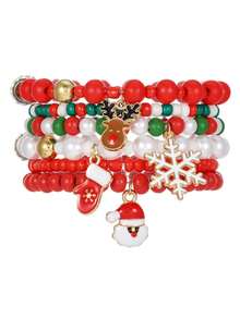 6 Pcs/Set Fashionable Christmas Bracelet, Encrusted With Pearls, Resin, Christmas Tree, Snowflake, And Snowman Pendants, Handmade Beaded Bracelet Set, Suitable For Women's Daily Wear, Holiday Parties, And Gifts.
