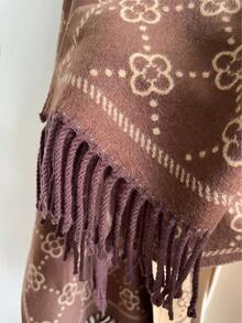 1 chiếc khăn choàng cổ len Jacquard giả cashmere tối giản họa tiết cỏ bốn lá dành cho nữ, phong cách Bohemian, đa năng cho mùa thu/đông, thích hợp để phối đồ hàng ngày, ngoài trời, du lịch cho trang phục - màu nâu - Xem 2