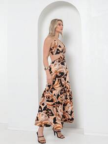 Vestido com elastano atras , da pra amarra atras com estampa - Castanho - Visão 4