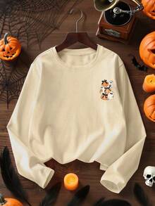 1pc Beverage Print Long Sleeve T-Shirt, Spring/Autumn, Young Student Clothing For Tween Girls, Halloween Top For Tween Girls - Apricot - View 2