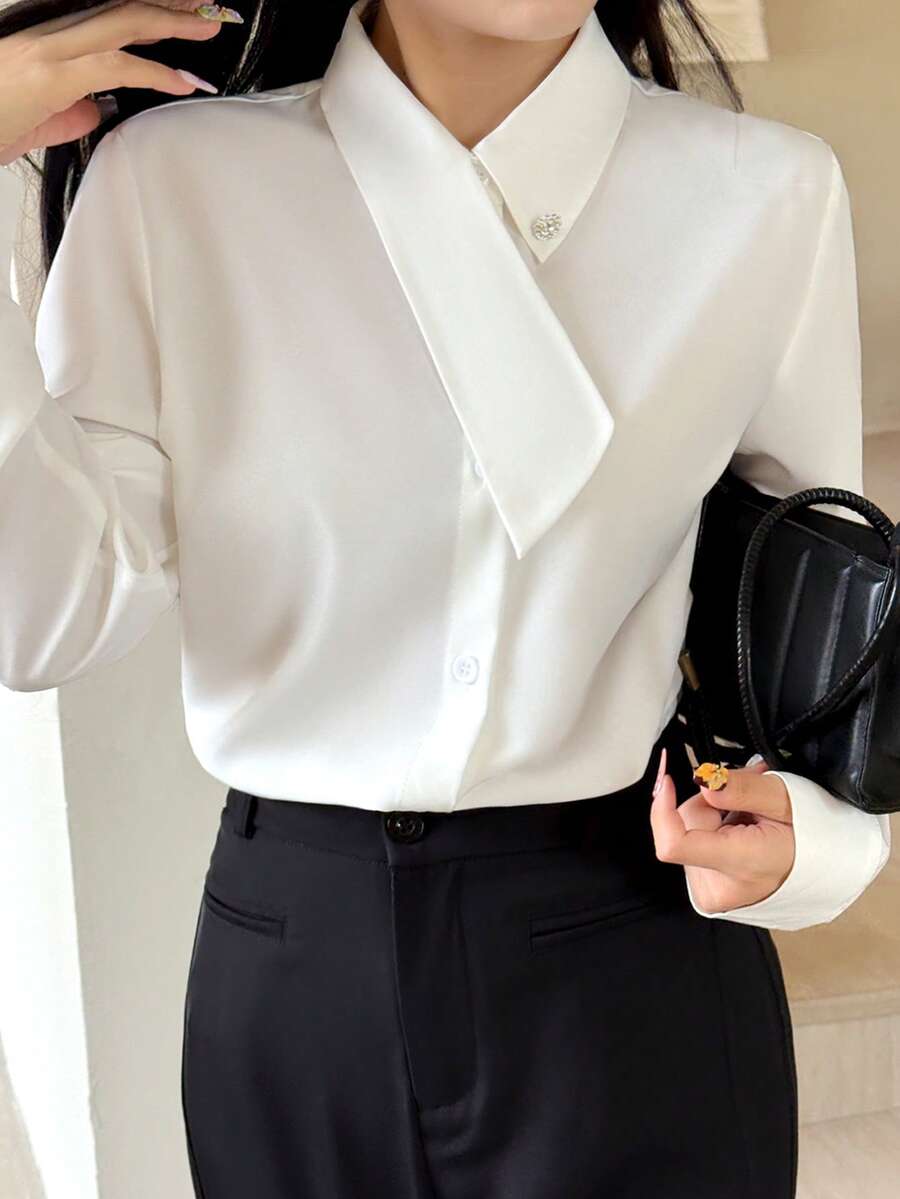 Chemise de bureau élégante à manches longues de couleur unie pour femmes, automne printemps - Blanc - Voir 1