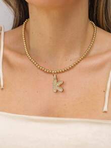 1Pc Women's Stainless Steel Bead Chain With A Diamond Studded Three-Dimensional Initials Pendant, Simple And Elegant In Style, Suitable For Wearing At Parties Or Banquets, 18k Genuine Gold Electroplated Bead Chain