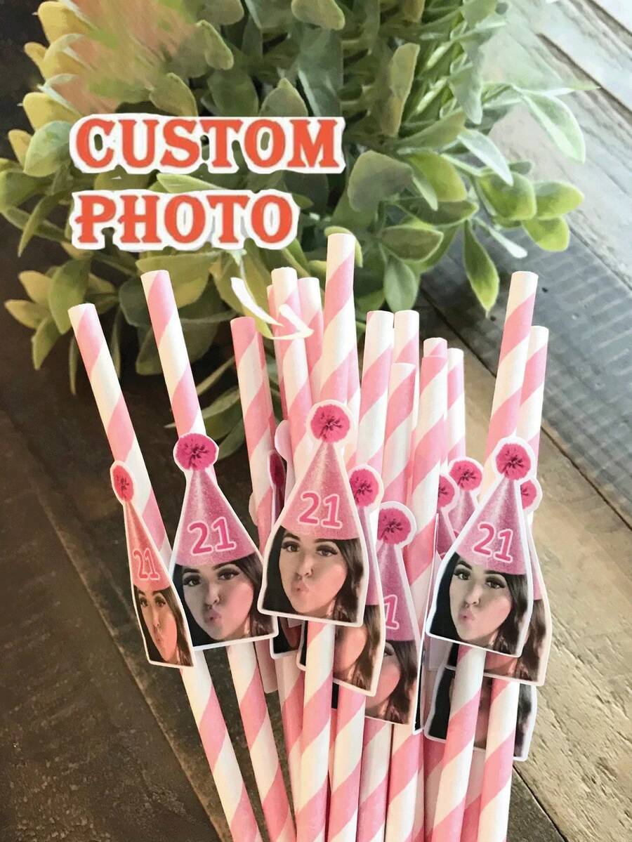 12pcs Customized Face Party Paper Straws, Bachelorette Party Personalized Face Straws, Customizable Age Birthday Party Face Straw Decors, Girlfriend Birthday Party Decor Gifts,Multi-Functional, Ornamental,Reusable,Exquisite - Multicolor - View 1