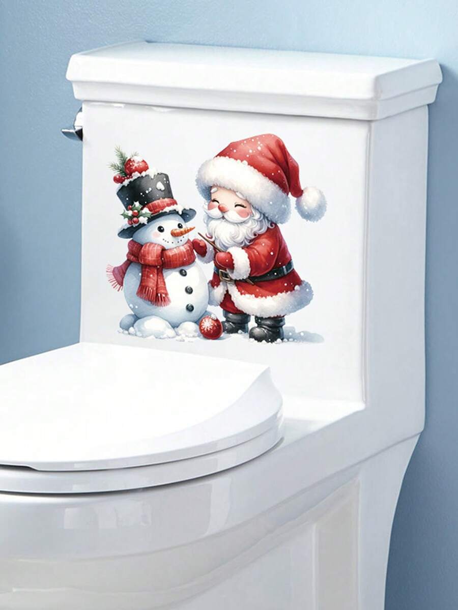 1 pièce Autocollants de toilette Père Noël et Bonhomme de neige - Autocollants de toilette de salle de bain - Autocollants détachables imperméables, décorations de fête - Noël, Nouvel An - Parfait pour les décorations de salle de bain et les cadeaux de fête, Idéal pour Noël, décoration de fête à thème, décorations de Noël Décorations d'hiver