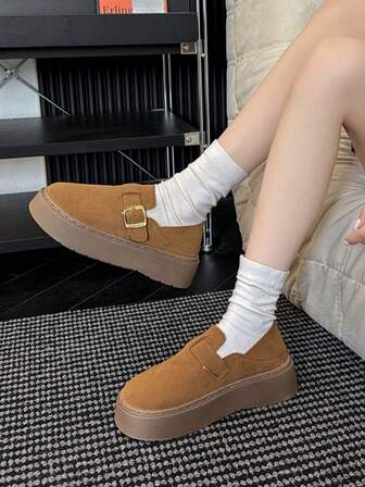 2025 French Style Casual Slip-On Shoes, Thick Sole Fashion Women's Retro Shoes, Preppy College Style, Buckle Decor, Versatile For Spring/Autumn, Commuting & Office Wear