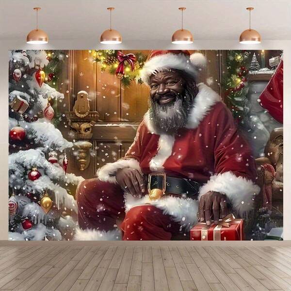 1 pièce Bannière de fond de Père Noël afro-américain, décoration de Noël avec paysage enneigé et boîtes cadeaux, sans électricité requise. Noël, Nouvel An, anniversaire, célébration de fêtes toutes saisons, décoration de Noël